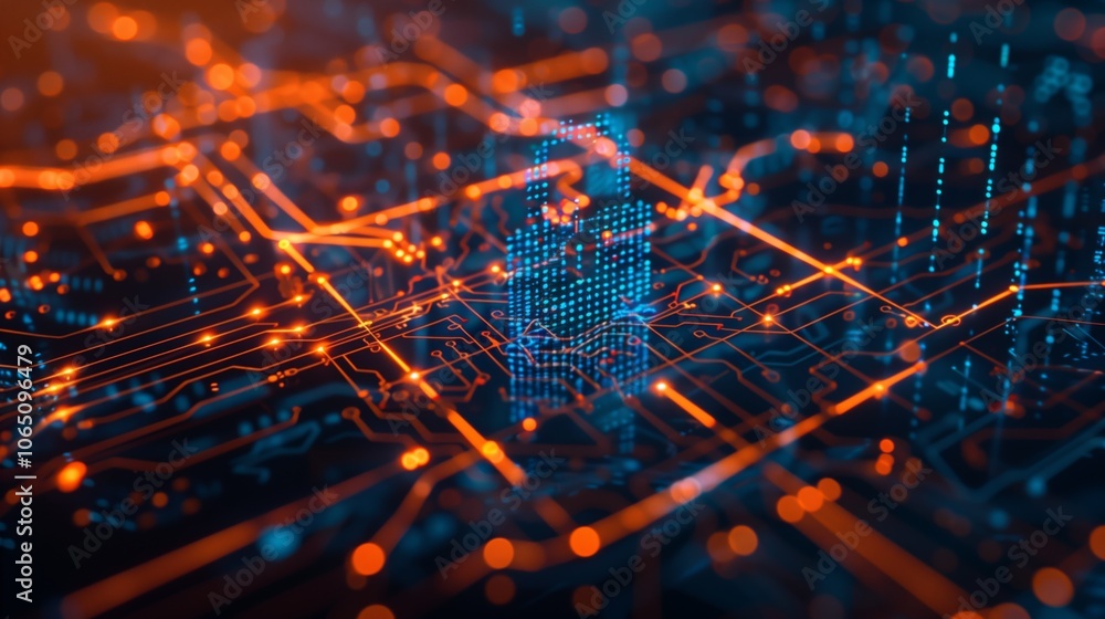 Aufkleber An abstract representation of a digital circuit board featuring glowing data connections and futuristic elements, perfect for themes like technology, cybersecurity, AI, and data processing