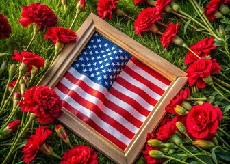 Obraz premium Aerial View of American Flag Surrounded by Red Carnations for Memorial Day Tribute to Fallen Heroes, Symbolizing Honor and Remembrance