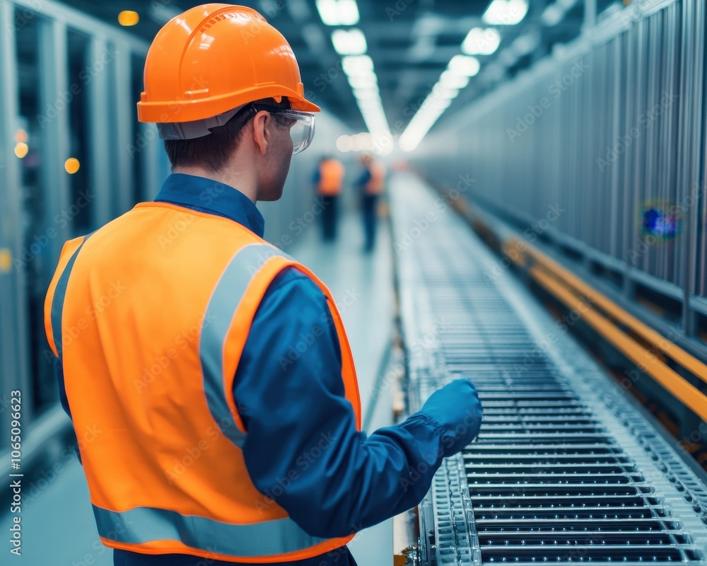 Poster engineer monitoring battery assembly line operations