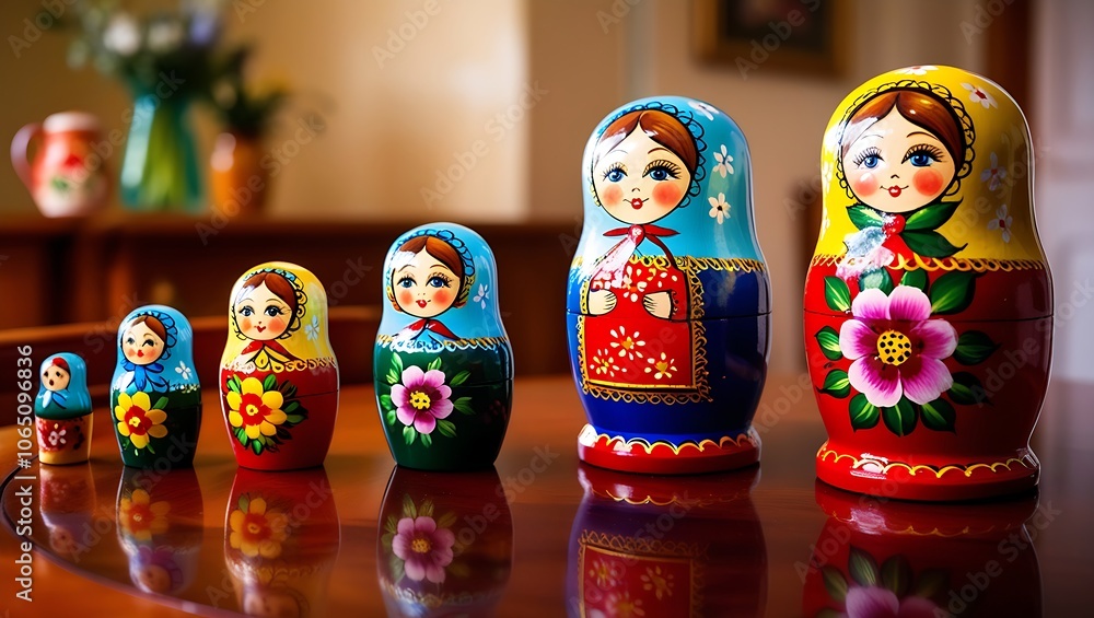 Canvas Prints A set of traditional Russian nesting dolls, or matryoshka dolls, of various sizes, painted with bright colors and floral designs, are arranged on a wooden table, with a blurred background