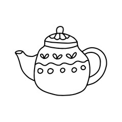 Teapot with patterns in doodle style. Vector isolated on white background