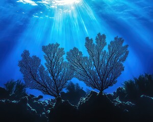 Obraz premium Coral silhouettes against a deep blue ocean backdrop