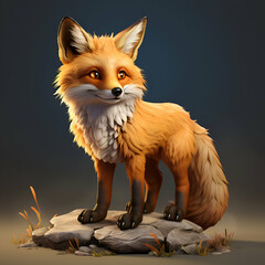 Obraz premium Cute red fox standing on a rock over dark background. 3d illustration