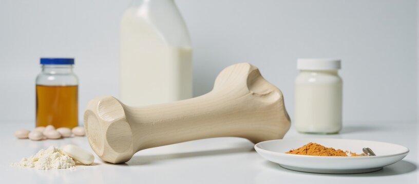 A medical-themed image showcases a healthy bone structure surrounded by calcium supplements collagen pills and other nutritional elements against a conceptual backdrop related to bone health