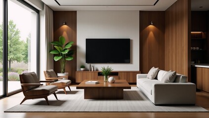 Fototapeta premium Modern styled living room with wood accents Rendered