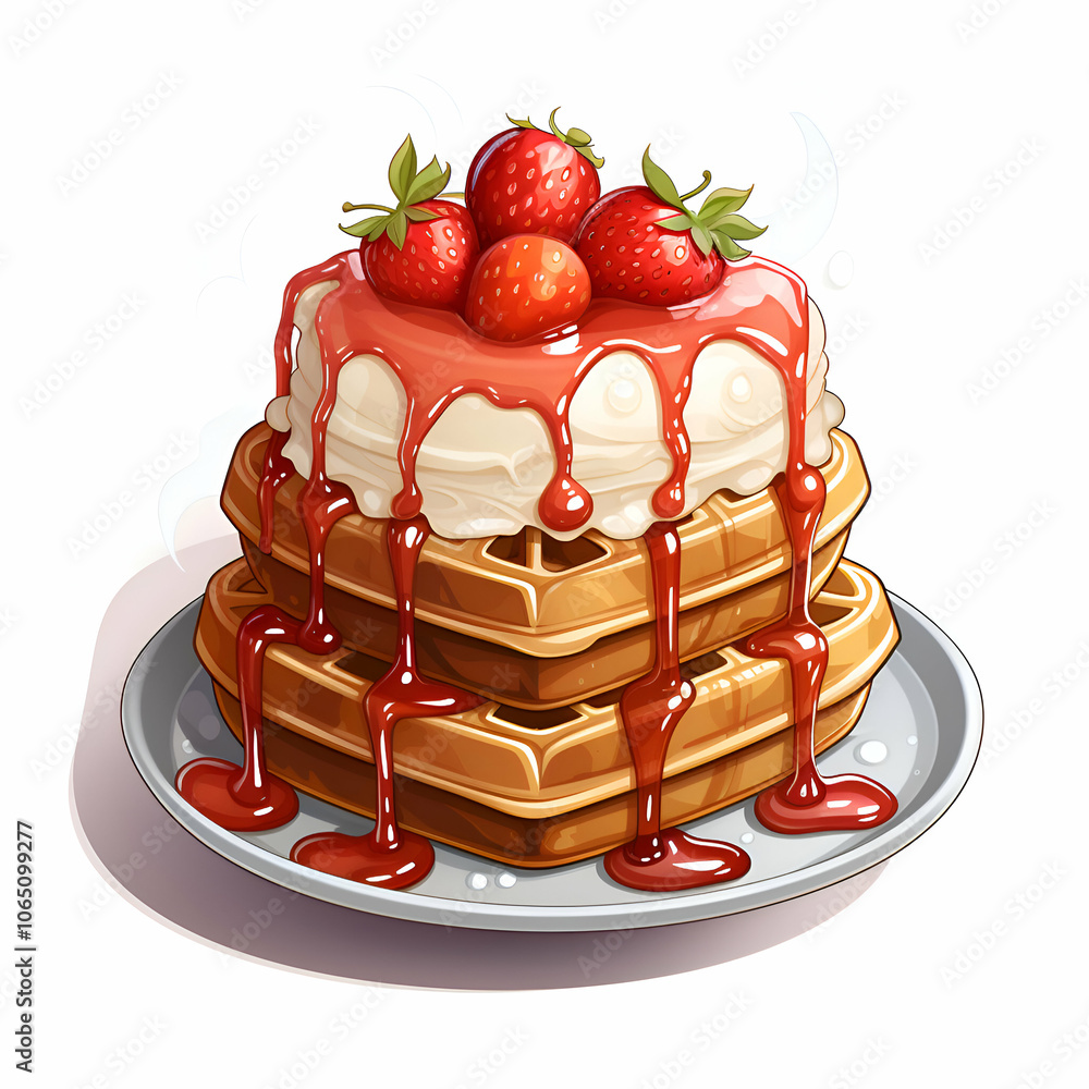 Canvas Prints illustration of a stack of waffles with strawberries and syrup.