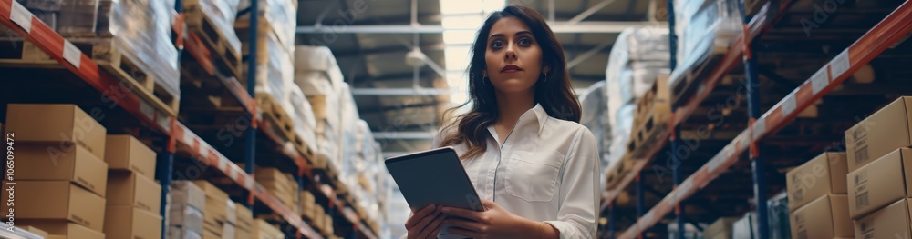 Poster a professional woman in a warehouse, managing inventory efficiently with a tablet. the workspace is 