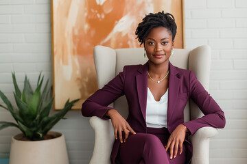 A confident woman in a burgundy suit poses in a chic office setting with modern art and greenery in...