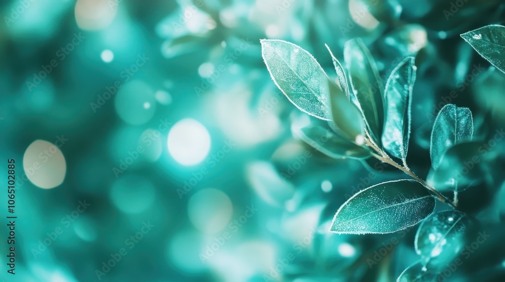Poster a close-up view of vibrant green leaves with a soft, enchanting bokeh background, creating a calming