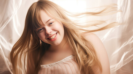 Fototapeta premium Portrait of smiling laughing woman with Down syndrome creamy beige background.