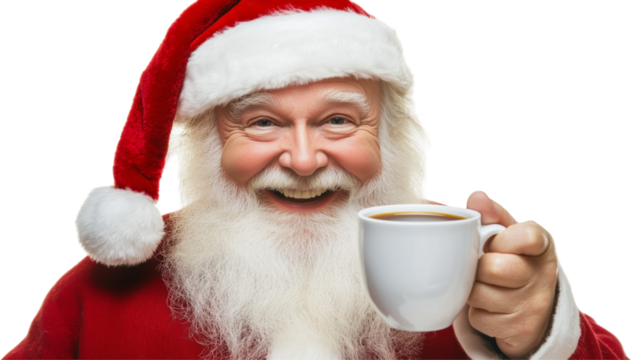 Man in a red Santa hat holding a white coffee cup - Powered by Adobe