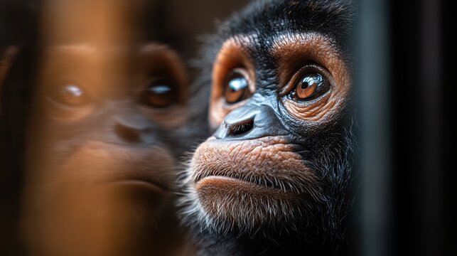 A thoughtful chimpanzee gazes solemnly, encapsulating a moment of introspection and depth, capturing the complex emotions and intelligence of primates in a natural habitat.