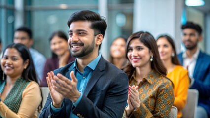 Obraz premium Audience Applauding Speaker – Indian audience members applauding a presenter. 