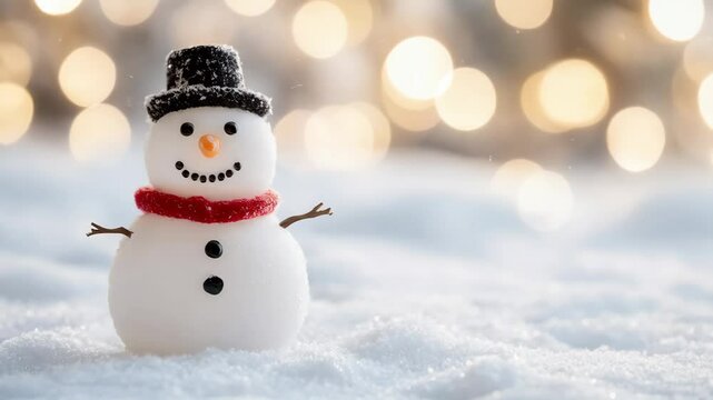 Happy snowman in knitted cap standing against blurred snowy winter landscape. Festive background with cute lovely snowman. Merry Christmas and Happy New Year. Magic winter background