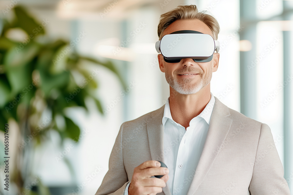 Aufkleber a man in a suit experiences virtual reality using a headset while smiling in a bright office environ