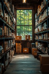 Fototapeta premium Cardboard Boxes Stacked on Shelves in a Rustic Warehouse