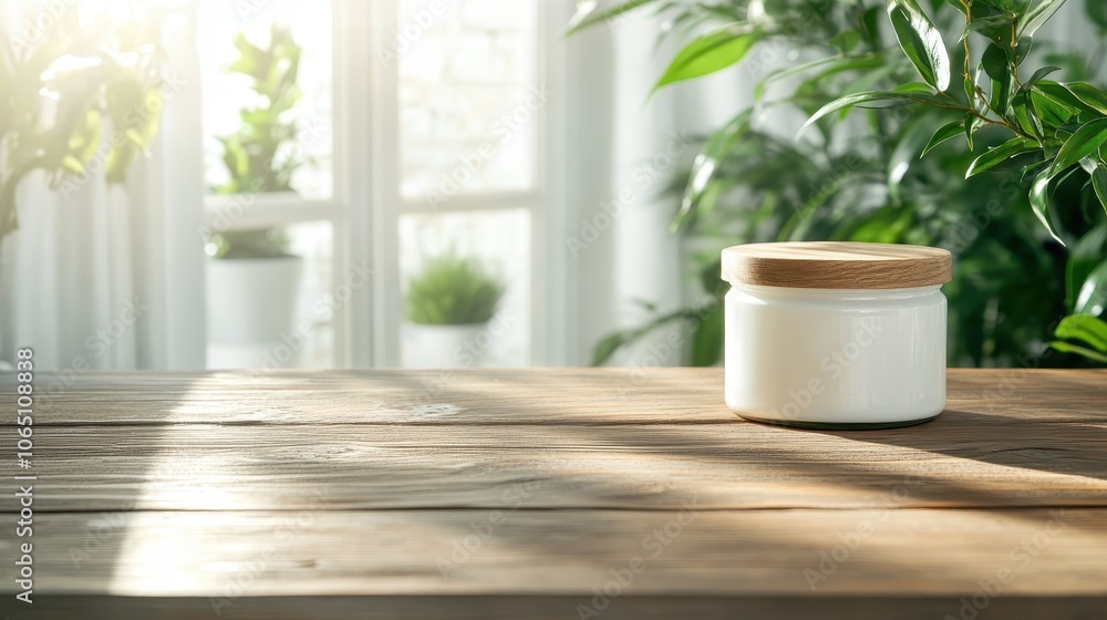 Poster a jar with a contrasting wooden lid rests on a rustic table, basked in gentle sunlight with lush pla