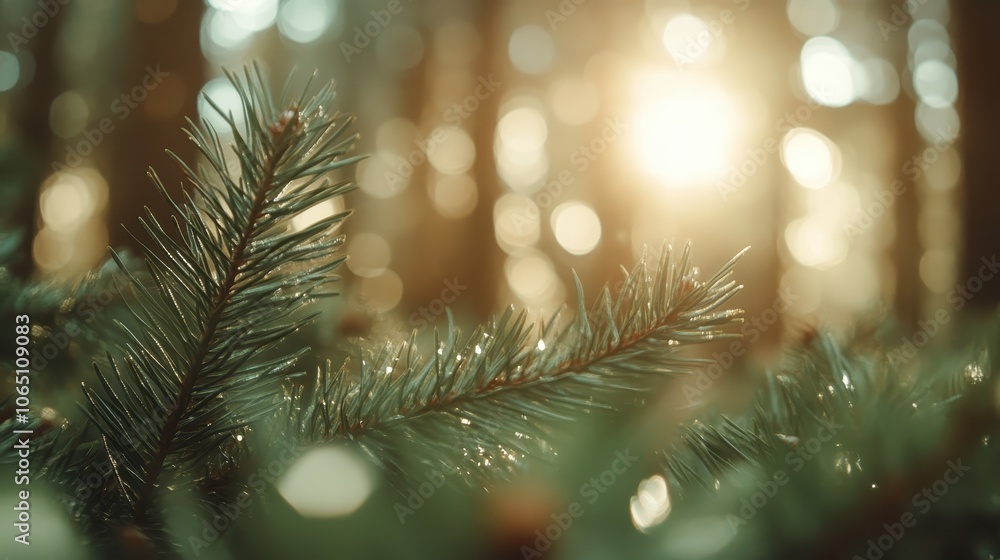 Poster a close-up of pine branches with glistening dew in a serene forest, illuminated by the soft glow of 