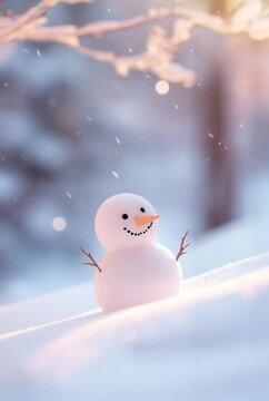 Happy snowman in knitted cap standing against blurred snowy winter landscape. Festive background with cute lovely snowman. Merry Christmas and Happy New Year. Magic winter background