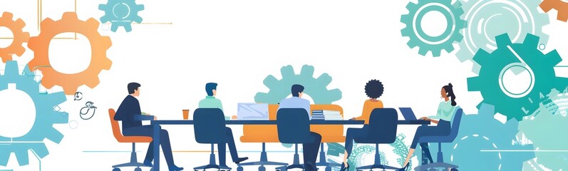 Fototapeta premium Gear cog business wheel team teamwork hand concept people office together unity group. Work gear business worker cog power industry meeting solution cooperation man company technology innovation view 