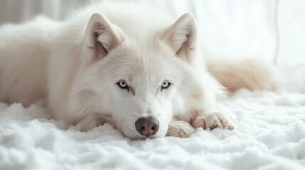 Fototapeta premium This serene image showcases a white fluffy dog resting peacefully on snowy ground, embodying tranquility and calmness in a crisp, natural environment.