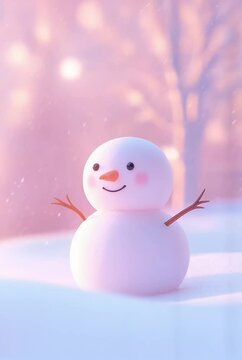 Happy snowman in knitted cap standing against blurred snowy winter landscape. Festive background with cute lovely snowman. Merry Christmas and Happy New Year. Magic winter background