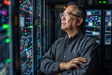 Middle-aged Asian male IT engineer standing confidently before server racks, surrounded by colorful digital screens data, wearing glasses, hands crossed, focused, professional atmosphere, data center.