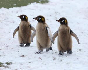 Obraz premium Emperor penguin chicks walking on snow-covered ground