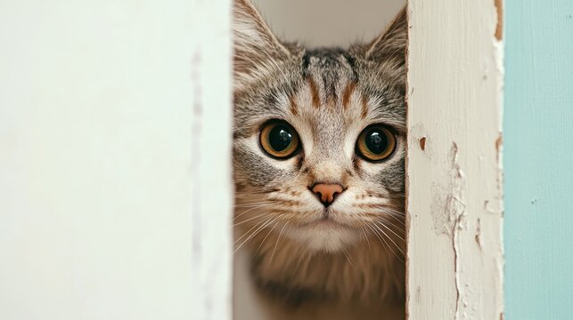 A shy kitten with large, round eyes peers through a narrow gap, conveying a sense of timidity and curiosity. The wooden textures create a rustic appeal.