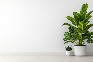 Fototapeta premium Modern white office space featuring a mock-up wall, sleek design, minimalistic decor, ideal for showcasing branding or creative ideas.