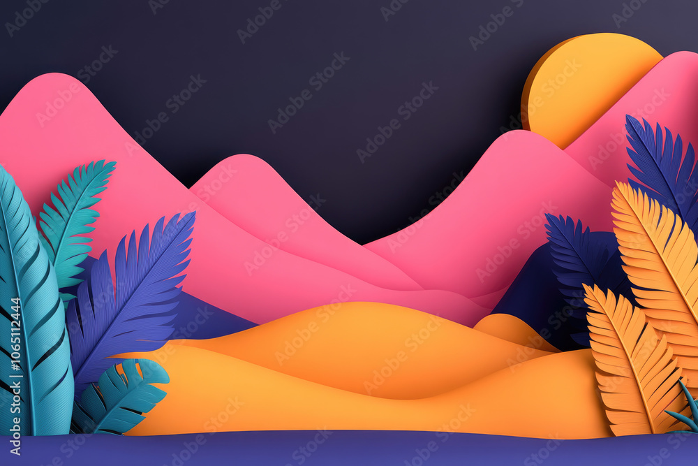 Poster psychedelic landscape, vibrant colors and surreal forms create an immersive 3d scene with a blurred 