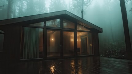 A contemporary cabin with large windows glows warmly within a misty forest, radiating comfort and modernity, blending seamlessly with the natural surroundings.