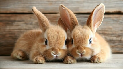 Obraz premium Two fluffy orange rabbits cuddle side by side, displaying a sense of companionship and tranquility, set against a rustic wooden background for added warmth.