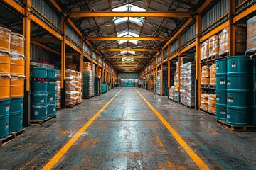 Industrial Warehouse with Yellow Beams and Stacked Barrels