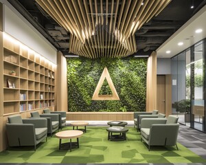 A simple reception room with a bookshelf wall and a wall of green plants, simple but not monotonous