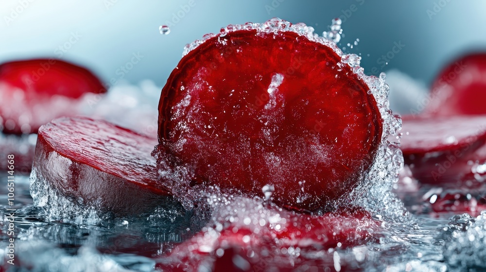 Aufkleber a refreshing and dynamic image of sliced red beets immersed in water, showcasing bubbles and droplet