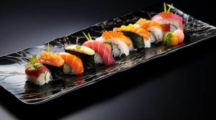 Elegant sushi dish featuring a variety of rolls with colorful ingredients and garnishes.