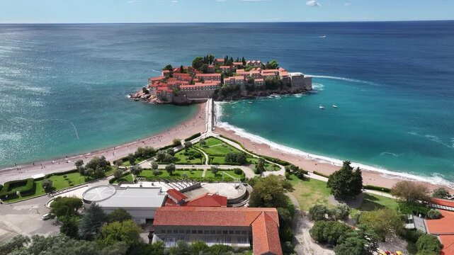 Aerial view of Sveti Stefan Island, a former fishing village, now a luxury hotel, Sveti Stefan, Montenegro