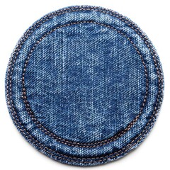A circular denim patch featuring a blue fabric with distinct stitching, often used for reinforcement or decorative purposes in clothing.