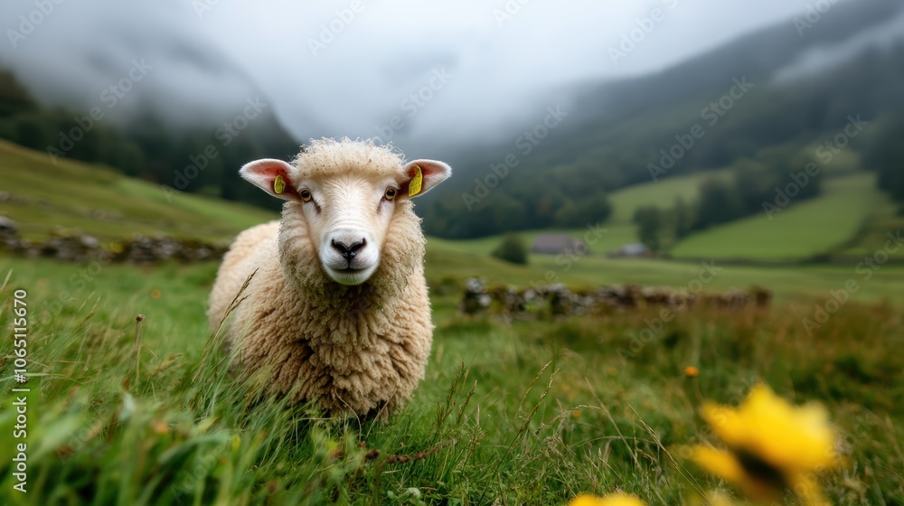 Poster a lone sheep gazes calmly in a foggy rural setting, surrounded by mist and fields, creating a sense 