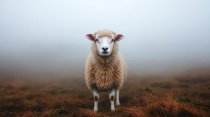 Fototapeta premium An ethereal and solitary sheep standing on a foggy field, exuding a sense of peacefulness and serenity that resonates with the beauty of pastoral life.