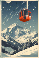 Winter sports and skiing in a winter resort. 60s and 70s style retro poster. Ropeway or lift in ski resort. Colorful winter holidays greeting card and banner. Perfect winter conditions for skiing.