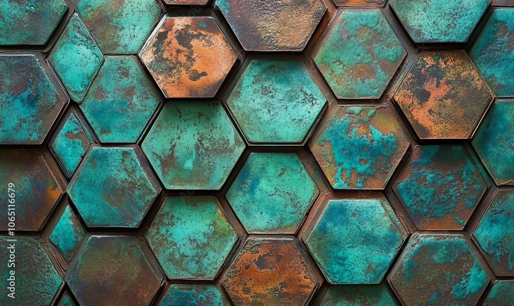 Poster a series of hexagonal tiles made of rusted copper with verdigris patina, focusing on the textures an