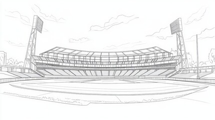 Line drawing of a cricket stadium, ideal for posters or vector art focusing on sports architecture.