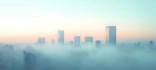 A serene dawn view of a city skyline shrouded in mist, featuring modern skyscrapers emerging softly through the fog, creating a tranquil and ethereal atmosphere.