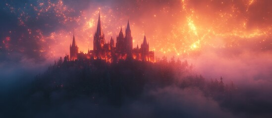 Fototapeta premium A large, gothic castle sits atop a foggy, misty mountain, with a bright orange sky behind it.