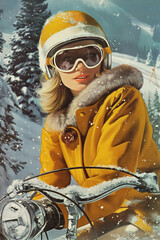 Winter sports and skiing in a winter resort. 60s and 70s style retro poster. Fashionable woman sitting on motorbike, apreski. Colorful winter holidays greeting card and banner. 