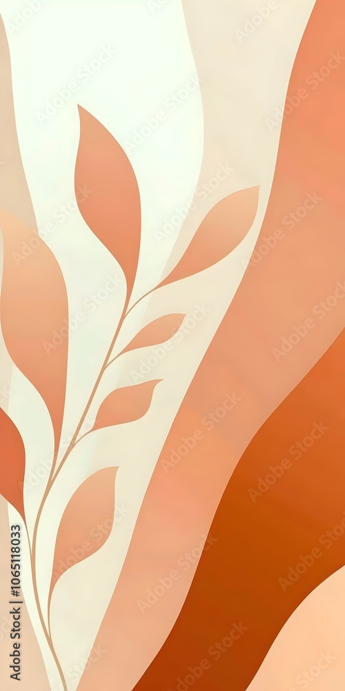 Poster abstract composition featuring soft peach and beige waves, accented with delicate leaf patterns, cre