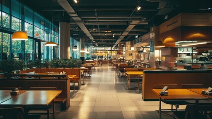 Modern restaurant interior showcasing spacious seating, vibrant lighting, and inviting atmosphere