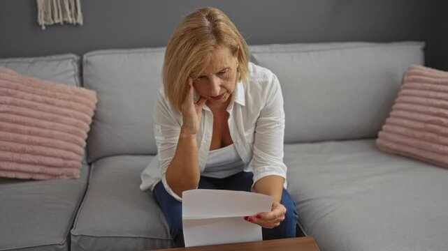 Woman reading letter on couch at home, appearing thoughtful, middle age, adult, woman, elderly, mature, beautiful, blonde, short, hair, indoors